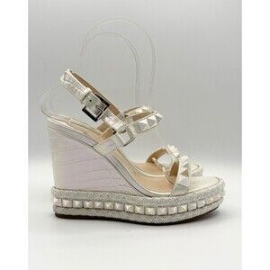 Christian Louboutin White Iridescent Pyraclou Espadrille Wedges w/ Spikes EU 35